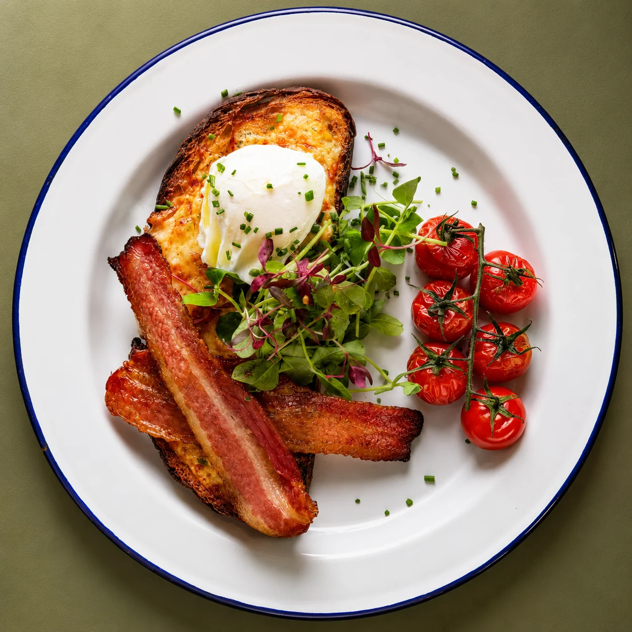 A Sailbox breakfast plate with poached egg, bacon and roasted tomatoes