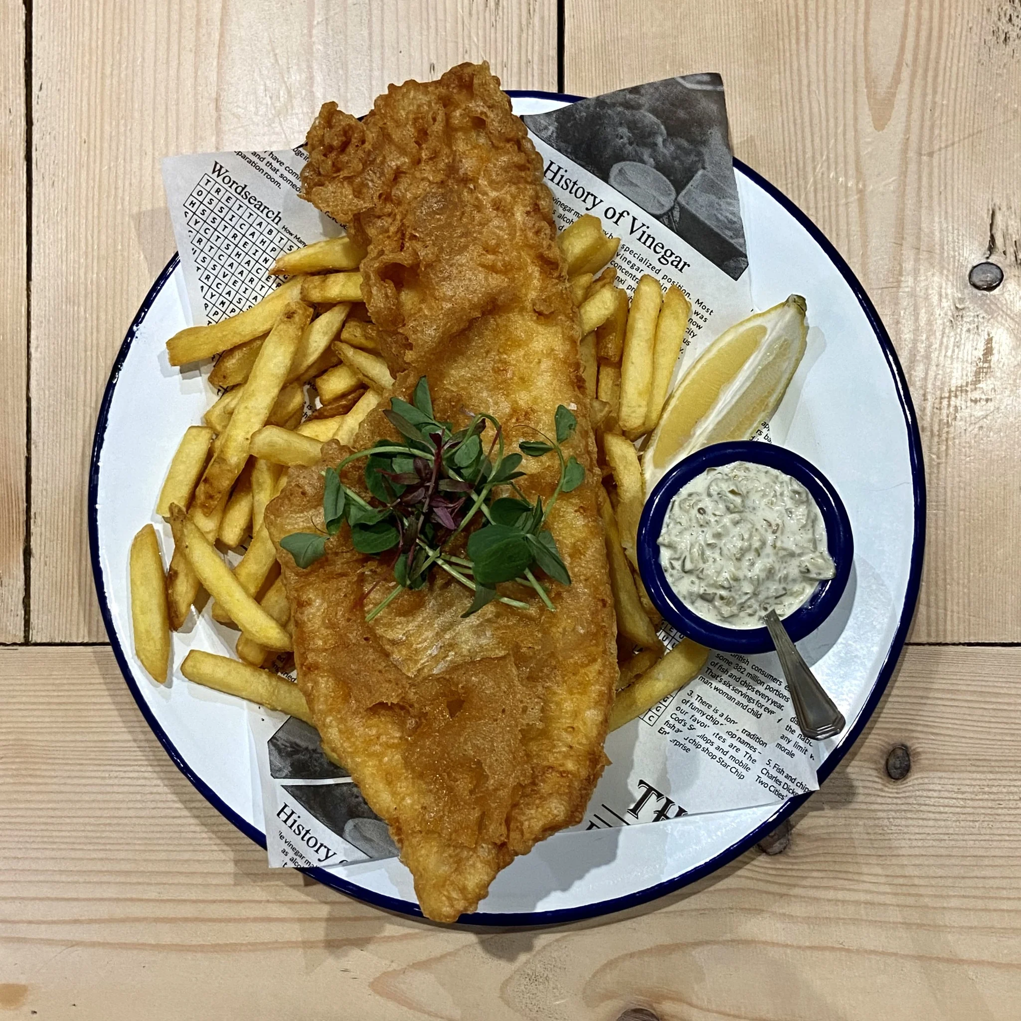 Cod and chips served on a plate